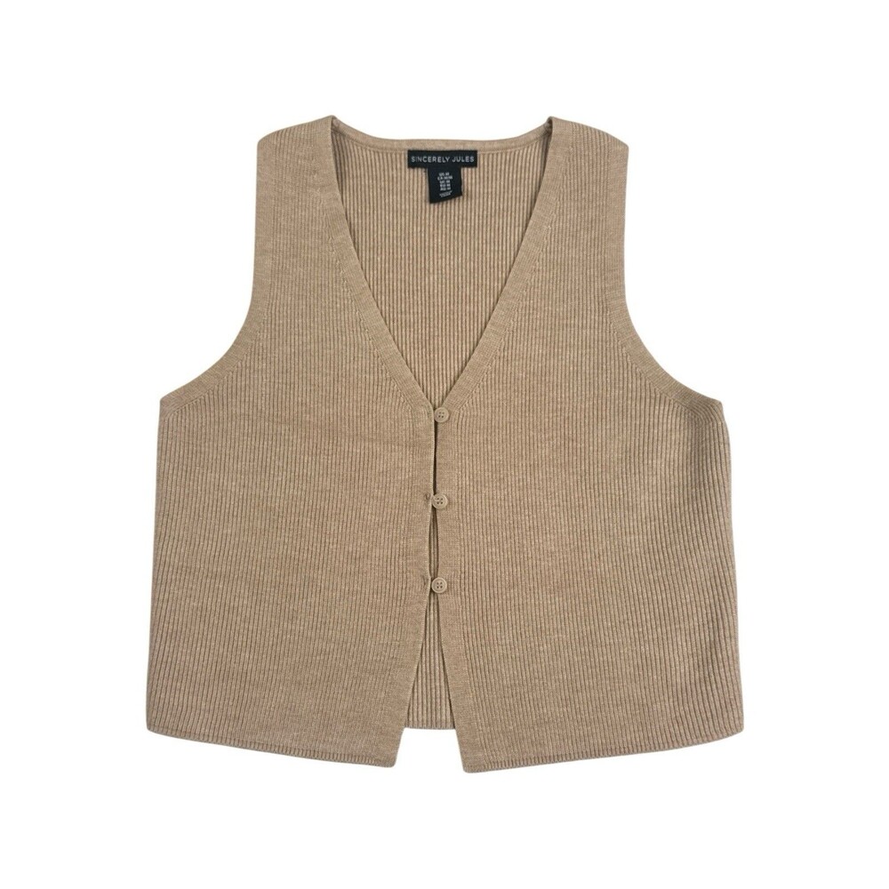 Sincerely Jules Beige Ribbed V-Neck Buttoned Knit Vest - Picture 2 of 7